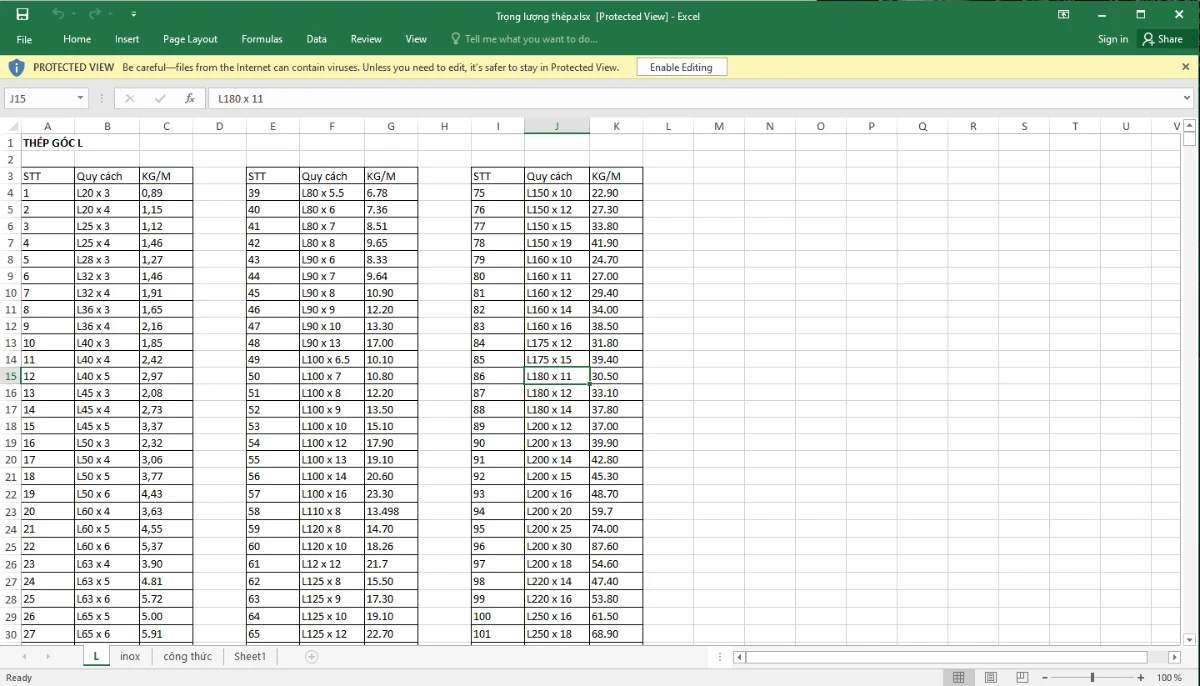 Tính thép hình bằng excel