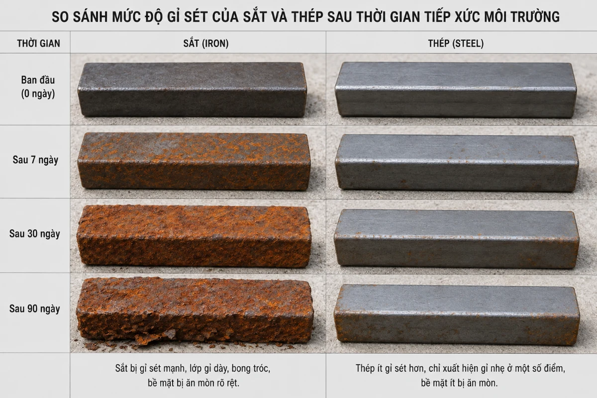 sắt v&agrave; th&eacute;p t&aacute;c động bởi m&ocirc;i trường