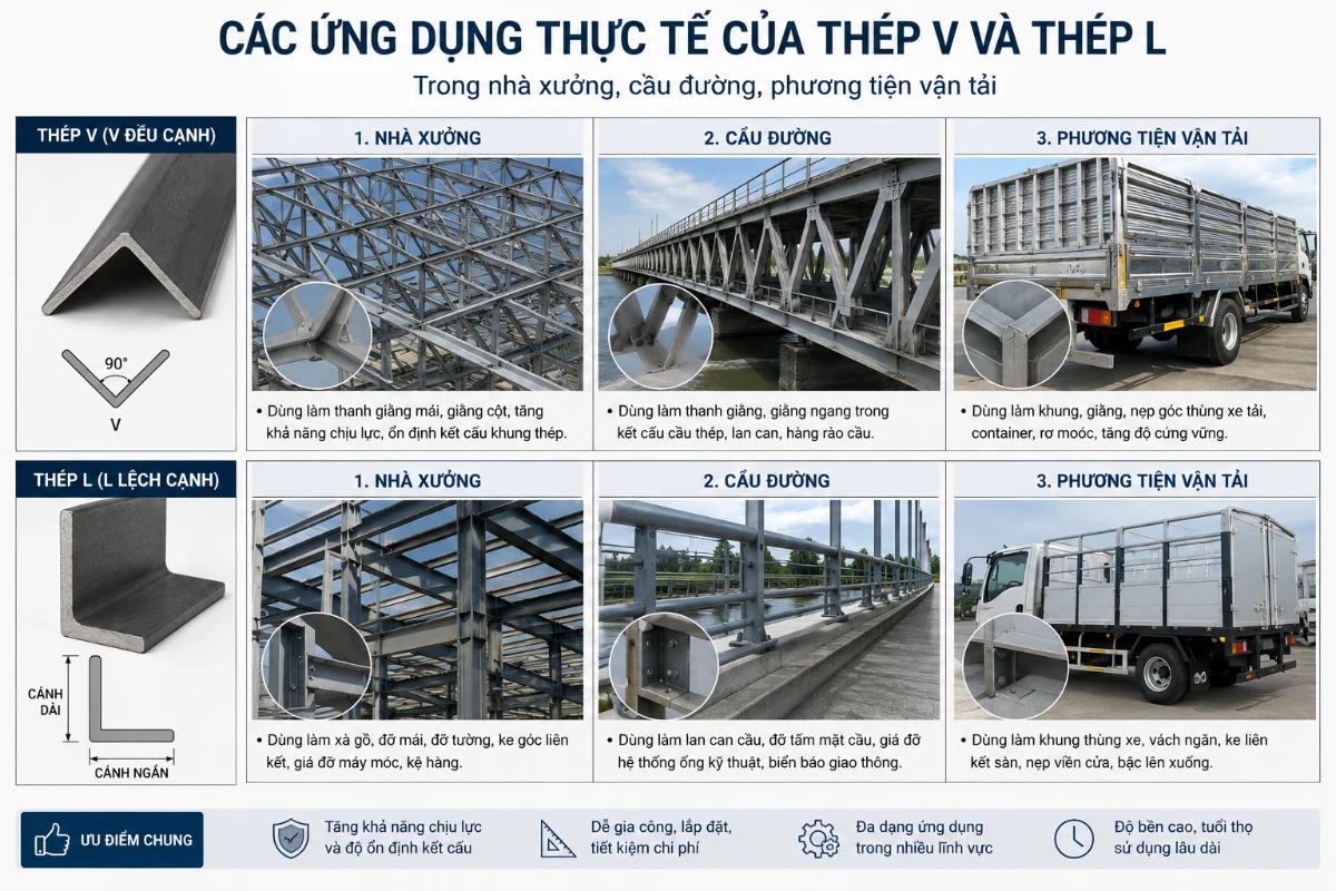 Các ứng dụng thực tế của thép V và thép L trong nhà xưởng, cầu đường, phương tiện vận tải